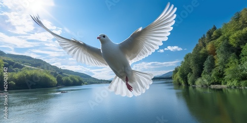 International Peace Day, White Dove Flying on Blue Sky Background, Bird of Peace Symbol. Generative Ai © CYBERUSS