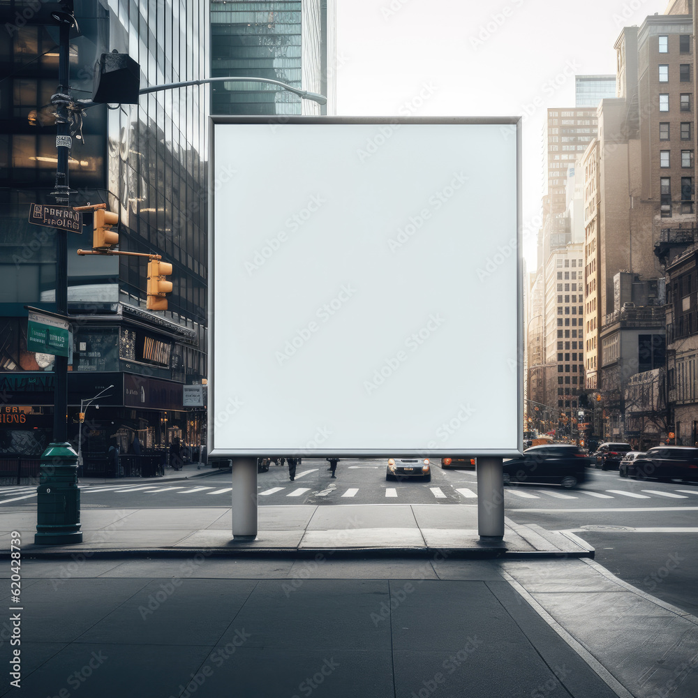 Fototapeta premium Blank outdoor advertising mockup features a large billboard situated in a bustling urban environment
