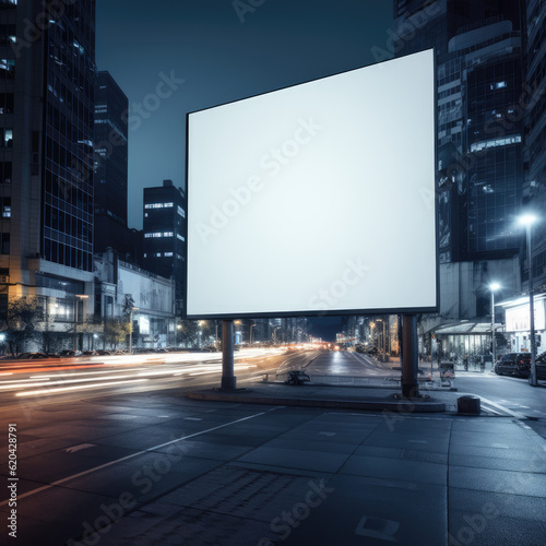 Blank outdoor advertising mockup features a large billboard situated in a bustling urban environment