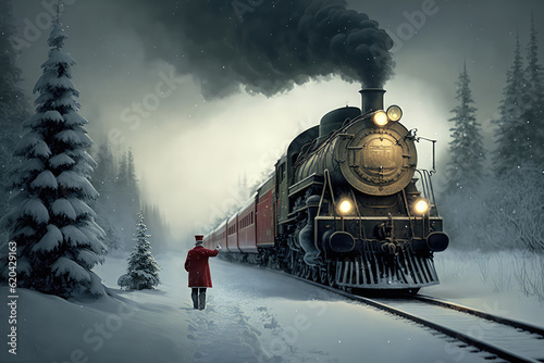 Old Train to the North Pole in the snow (ai generated)