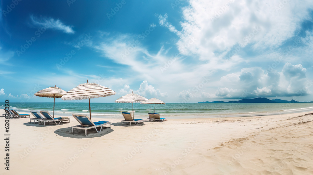 Travel And Tourism Concept With An Amazing Beach Backdrop, Chairs, And Umbrellas Under A Blue Cloudy Sky At A Sunny Day - Generative AI