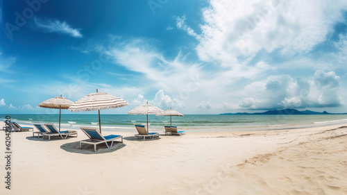 Travel And Tourism Concept With An Amazing Beach Backdrop, Chairs, And Umbrellas Under A Blue Cloudy Sky At A Sunny Day - Generative AI