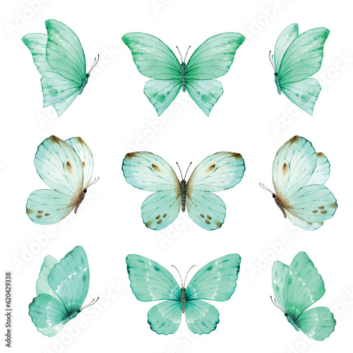 Watercolor set of bright turquoise hand painted butterflies.