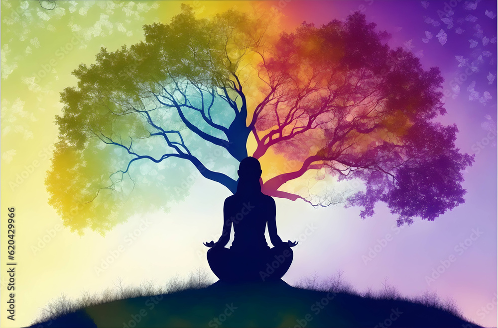 Visualize the impact of self-reflection and mindfulness on mental health. a  person sitting in meditation, with an abstract tree extending from their  head. Each leaf represent a mindful thought Stock Photo