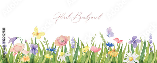 Watercolor border with butterfly, green grass and wildflowers.