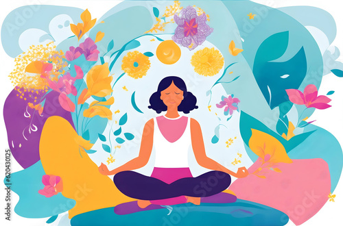 the concept of self-care and mental well-being. depicting a person engaging in activities such as meditation, exercise, or journaling, surrounded by uplifting symbols and colors that convey a sense
