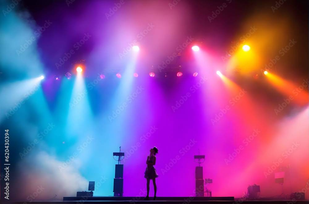 Vibrant stage in the glow of colored spotlights, with smoke adding an air of mystery and drama. The image captures the anticipation and excitement inherent in live performances.