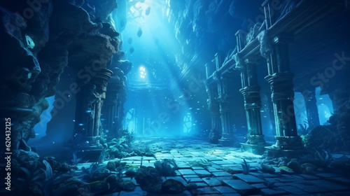 atlantis underwater scene  magic blue ocean with ancient temple ruins  deep blue sea with mysterious lights  generative ai
