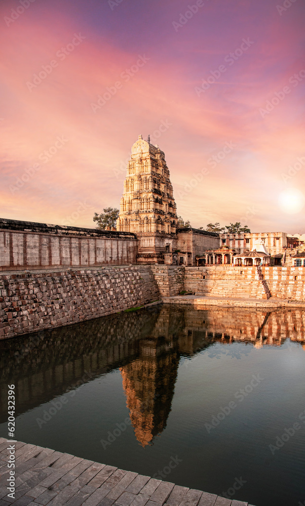 sunset at Virupaksha Temple, ruins of ancient city Vijayanagar at Hampi, the ancient city of Vijayanagar Hampi, Karnataka, India, UNESCO World Heritage Site.