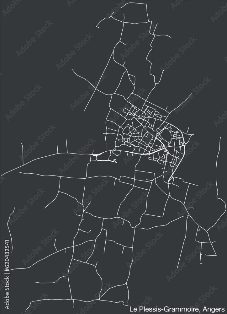 Detailed hand-drawn navigational urban street roads map of the LE PLESSIS-GRAMMOIRE COMMUNE of the French city of ANGERS, France with vivid road lines and name tag on solid background