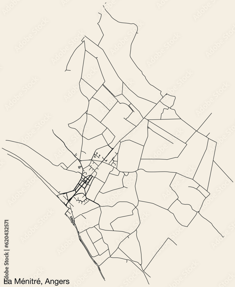 Detailed hand-drawn navigational urban street roads map of the LA MÉNITRÉ COMMUNE of the French city of ANGERS, France with vivid road lines and name tag on solid background