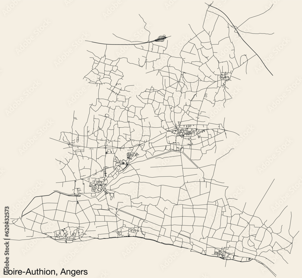 Detailed hand-drawn navigational urban street roads map of the LOIRE-AUTHION COMMUNE of the French city of ANGERS, France with vivid road lines and name tag on solid background