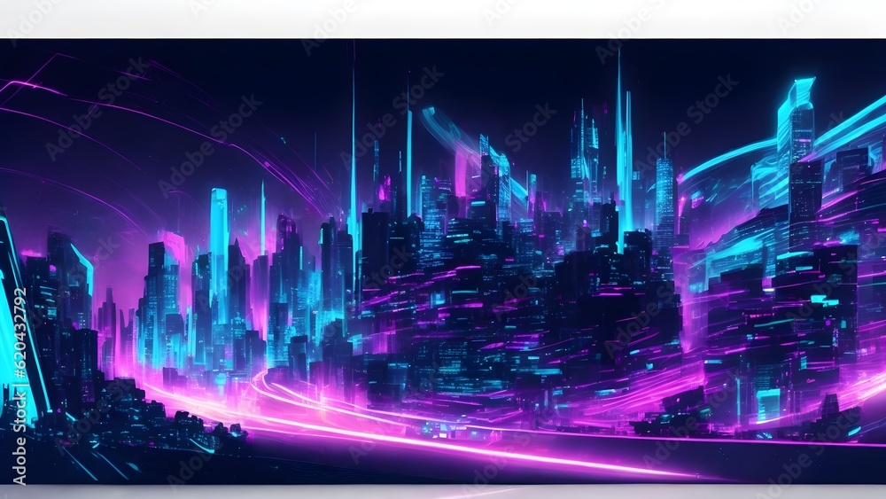Ethereal Glow: Vector Illustration of a Neon-Lit Urban Architecture Cityscape