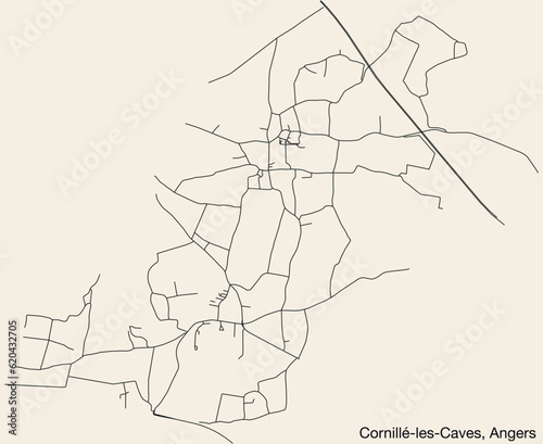 Detailed hand-drawn navigational urban street roads map of the CORNILL  -LES-CAVES COMMUNE of the French city of ANGERS  France with vivid road lines and name tag on solid background