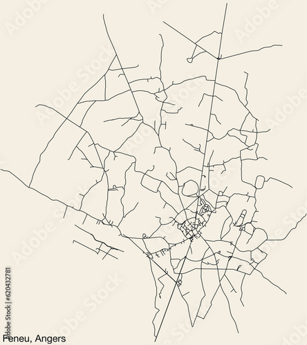 Detailed hand-drawn navigational urban street roads map of the FENEU COMMUNE of the French city of ANGERS, France with vivid road lines and name tag on solid background