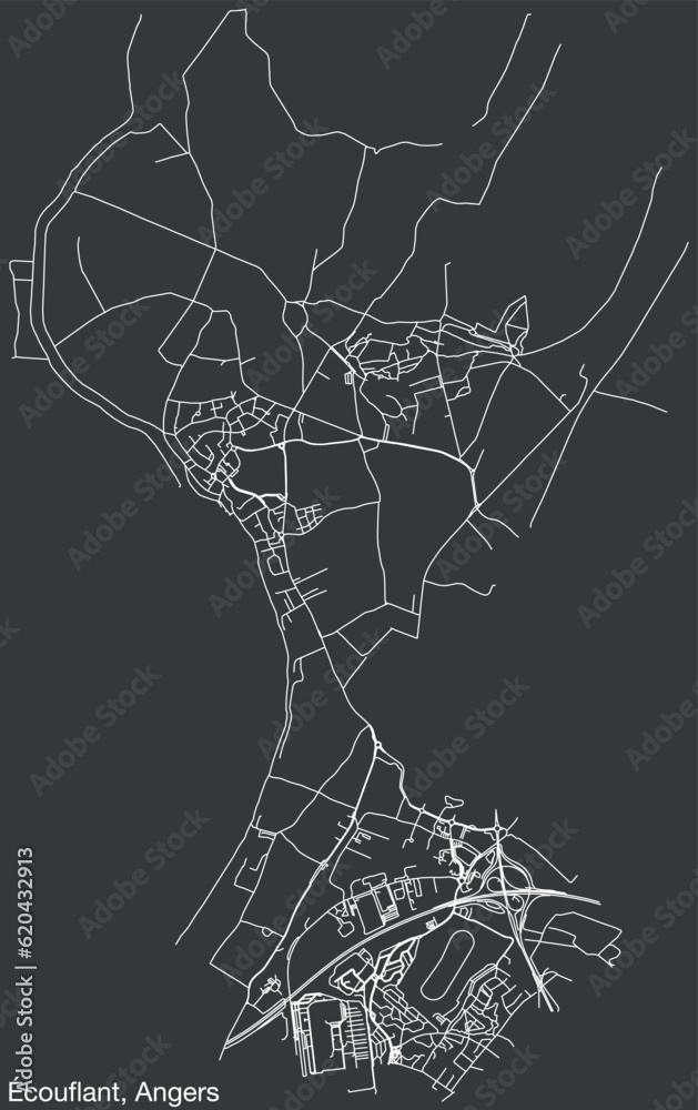 Detailed hand-drawn navigational urban street roads map of the ÉCOUFLANT COMMUNE of the French city of ANGERS, France with vivid road lines and name tag on solid background