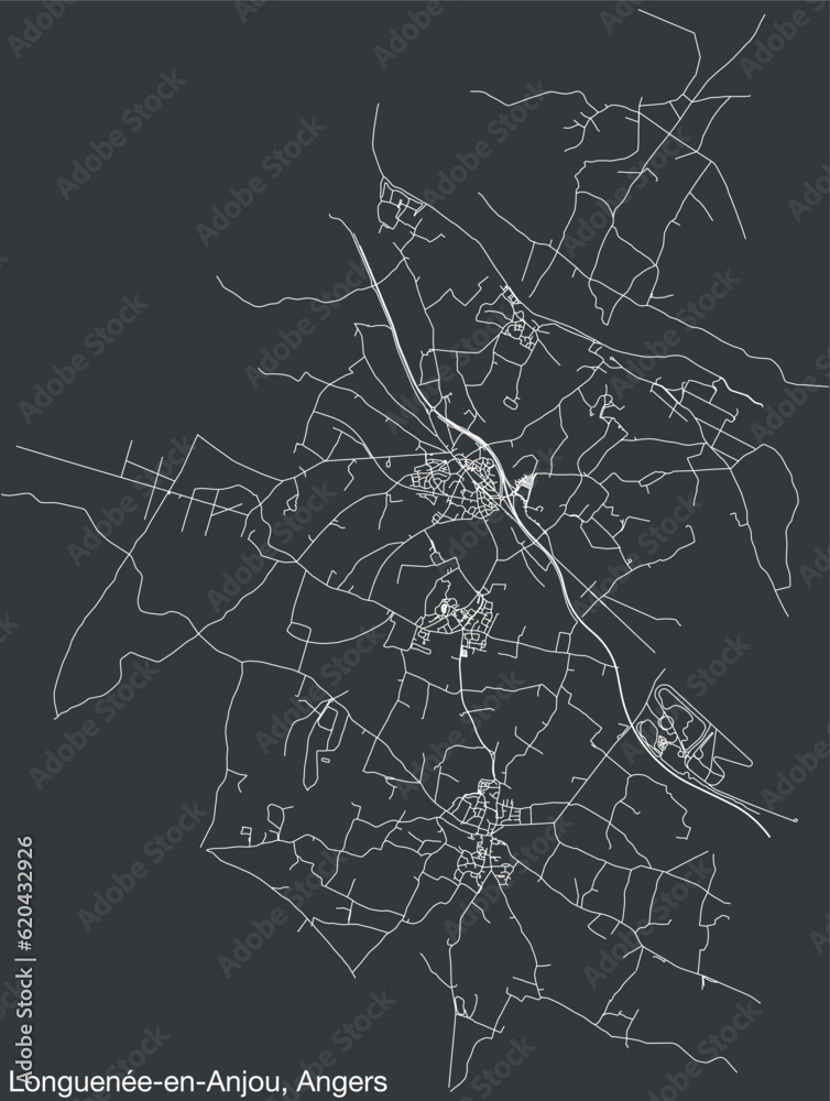 Detailed hand-drawn navigational urban street roads map of the LONGUENÉE-EN-ANJOU COMMUNE of the French city of ANGERS, France with vivid road lines and name tag on solid background