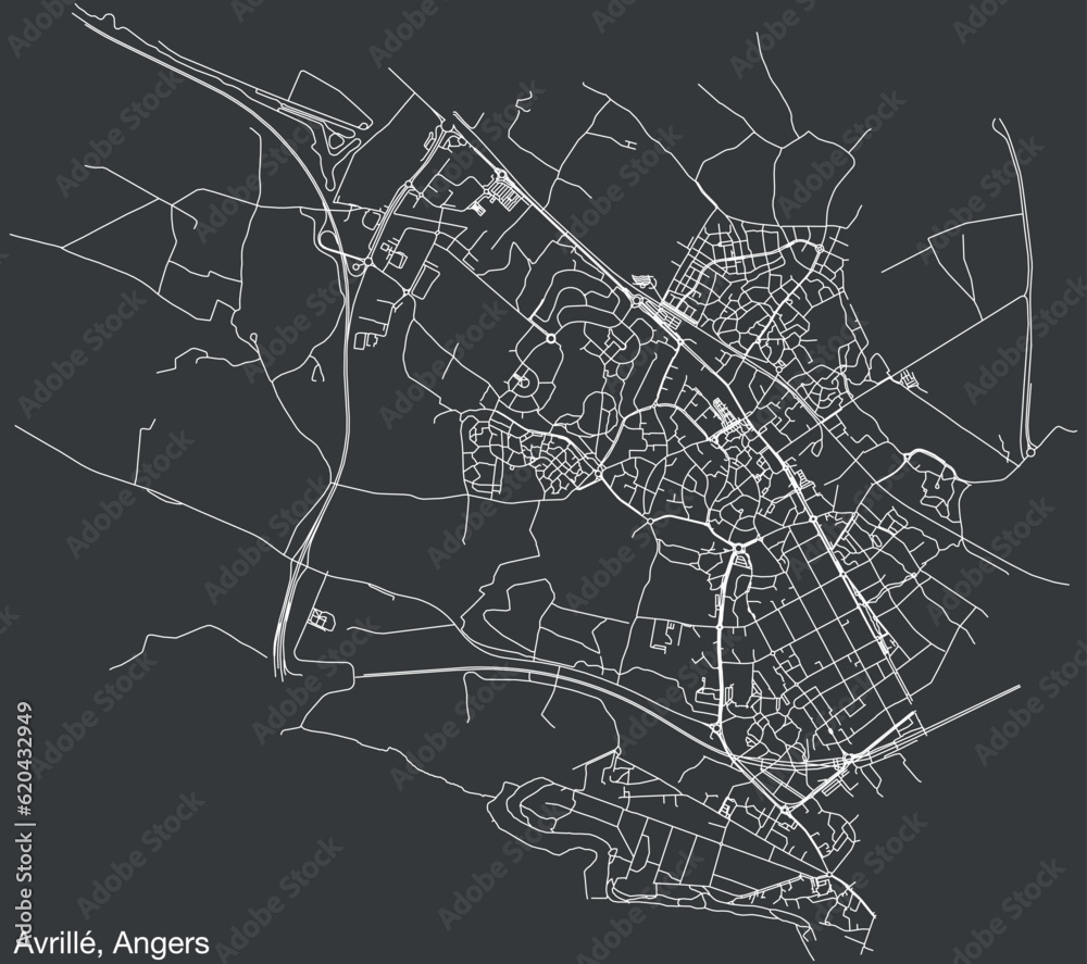 Detailed hand-drawn navigational urban street roads map of the AVRILLÉ COMMUNE of the French city of ANGERS, France with vivid road lines and name tag on solid background