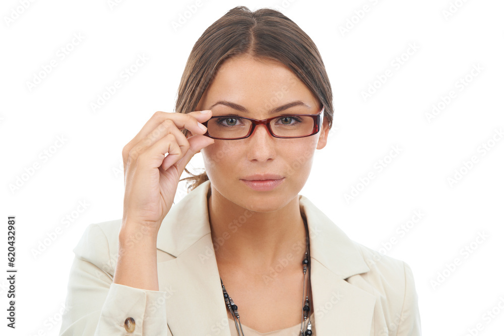 Smart, glasses and portrait of business woman with intelligent idea isolated in a transparent or png background. Focus, vision and corporate employee with professional spectacles or optometry eyewear