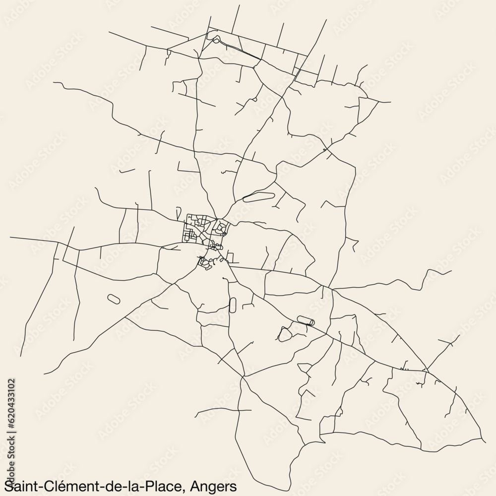 Obraz premium Detailed hand-drawn navigational urban street roads map of the SAINT-CLÉMENT-DE-LA-PLACE COMMUNE of the French city of ANGERS, France with vivid road lines and name tag on solid background