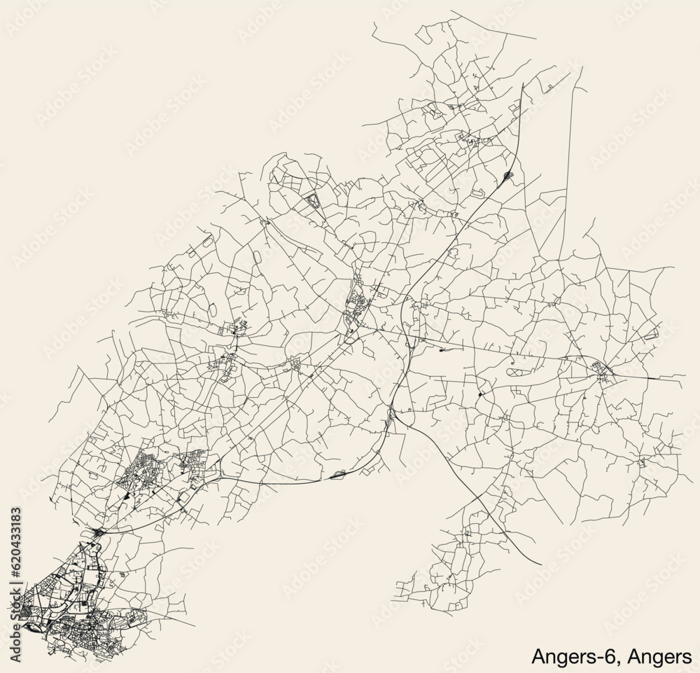 Detailed hand-drawn navigational urban street roads map of the ANGERS-6 CANTON of the French city of ANGERS, France with vivid road lines and name tag on solid background