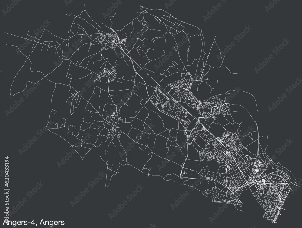 Detailed hand-drawn navigational urban street roads map of the ANGERS-4 CANTON of the French city of ANGERS, France with vivid road lines and name tag on solid background