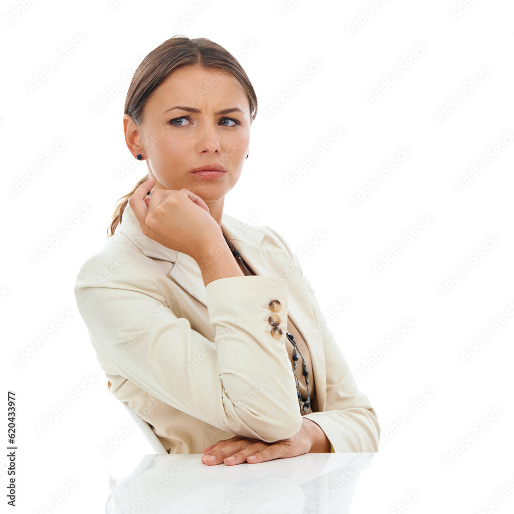 Crisis, desk and thinking business woman, consultant or secretary brainstorming problem solving solution. Admin stress, doubt and confused professional person isolated on transparent, png background Crisis, desk and thinking business woman, consultant or secretary brainstorming problem solving solution. Admin stress, doubt and confused professional person isolated on transparent, png background