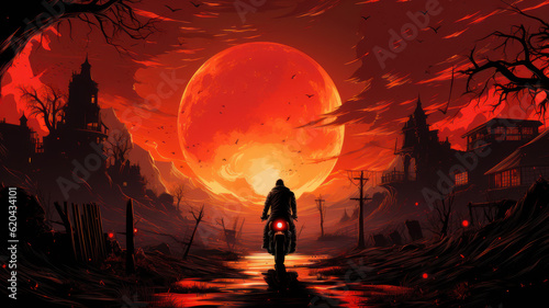 biker on a motorcycle rides off into the sunset