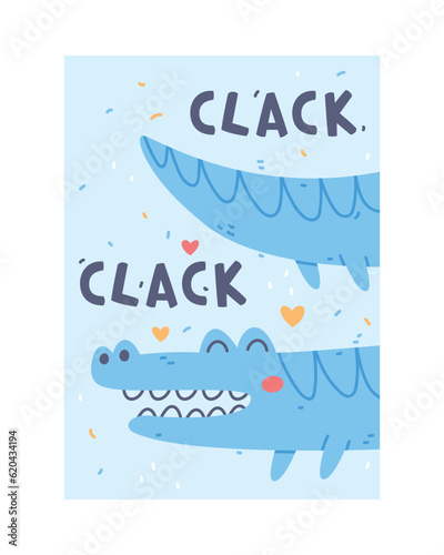 Cute Blue Kids Poster with Crocodile as Nursery Print Design Vector Illustration