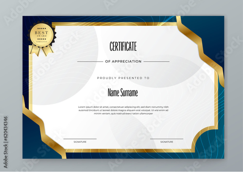 Professional white gold and dark blue Certificate. Certificate Of Appreciation Template Design.