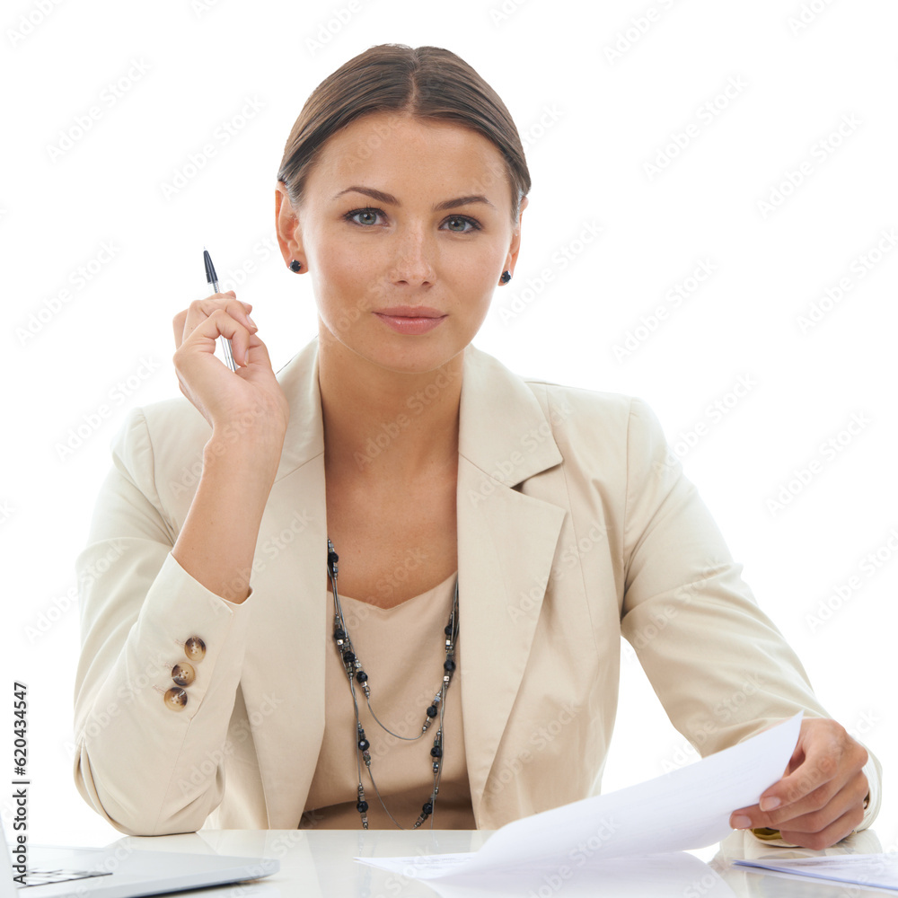 Professional portrait, documents and business woman review financial contract, legal paperwork or attorney plan. Advocate, insurance policy and female lawyer isolated on transparent, png background