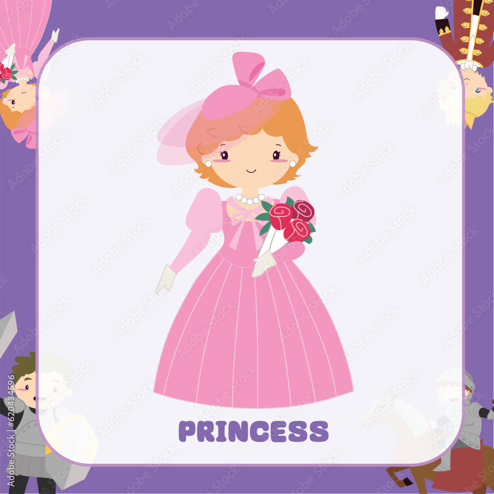 Vector fairy tale kingdom flashcard of a cute princess in pink dress holding a bouquet of flower. Medieval fairytale prince character. Vector outline fantasy monarch kingdom. Vector fairy tale kingdom flashcard of a cute princess in pink dress holding a bouquet of flower. Medieval fairytale prince character. Vector outline fantasy monarch kingdom.
