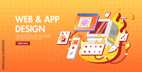 An Old slow Computer does not pull a complex Program for UI UX Designer Illustrator. Computer Burned down on Fire. Retro style vector illustration