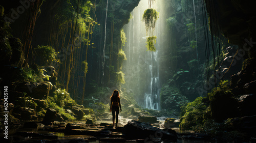 girl under a waterfall in the jungle © Aliaksei