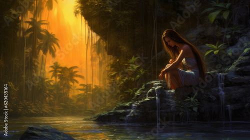 girl under a waterfall in the jungle