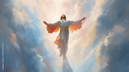 illustration painting of The resurrected Jesus Christ ascending to heaven above the bright light sky and clouds and God, Heaven and Second Coming concept (ai generated)