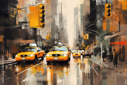oil painting on canvas, street view of New York, yellow taxi, modern Artwork, American city, illustration New York (ai generated) © ImagineDesign