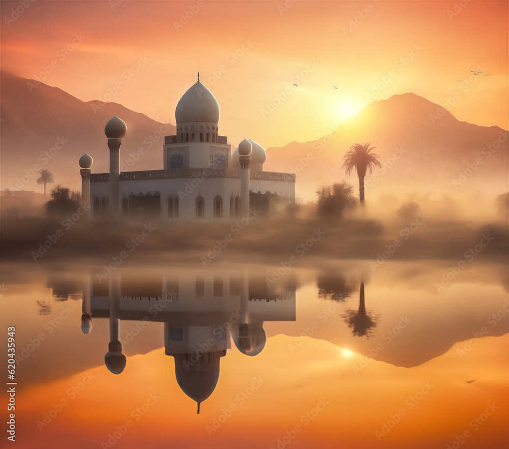 Obraz premium mosque in sunset and sunrise in the desert, created using generative AI tools