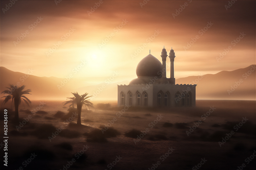 mosque in sunset and sunrise in the desert, created using generative AI tools 
