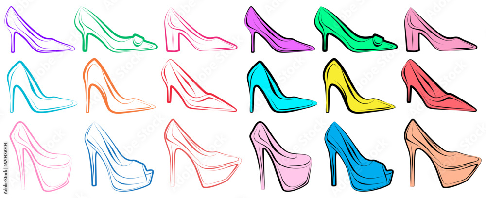Set stylish high heels icon. shoes, female, fashion, woman, glamour, elegance, shopping,casual, feminine, logo, outfit, store, shop design vector illustration