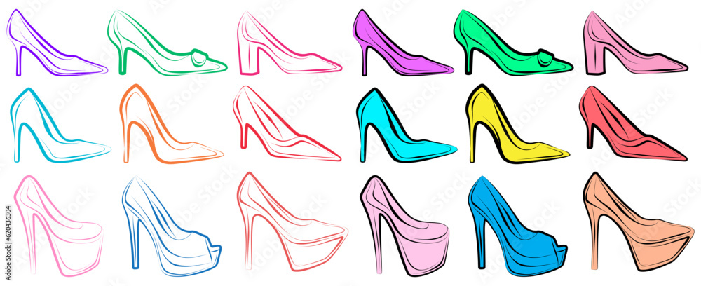 Set stylish high heels icon. shoes, female, fashion, woman, glamour, elegance, shopping,casual, feminine, logo, outfit, store, shop design vector illustration Set stylish high heels icon. shoes, female, fashion, woman, glamour, elegance, shopping,casual, feminine, logo, outfit, store, shop design vector illustration