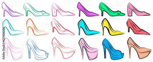 Set stylish high heels icon. shoes, female, fashion, woman, glamour, elegance, shopping,casual, feminine, logo, outfit, store, shop design vector illustration © Javanism