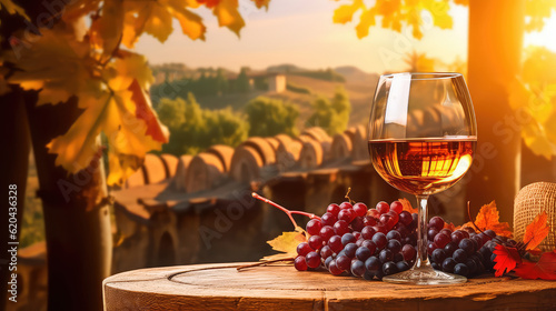 Wine Glasses And Bottle With Barrel In Vineyard At Sunset (ai generated)