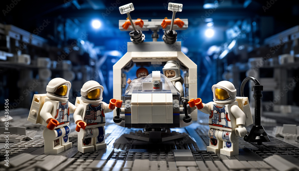 Obraz premium Studio shot of LEGO minifigure astronuats with computer, science equipment, and rover. Nasa Lego