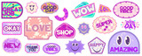 Y2k sticker retro trendy set. 90s design sticker groovy aesthetic elements. Cute purple label y2k. Aesthetic pack trendy shape. Flat vector illustration