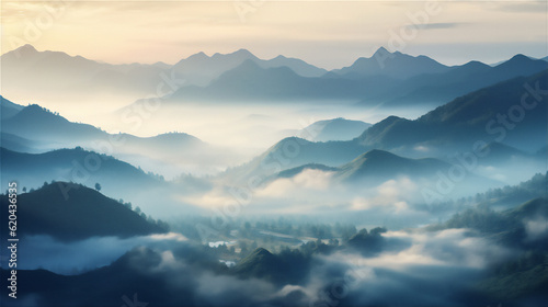 sunrise over the misty mountains at morning, created using generative AI tools © Maizal