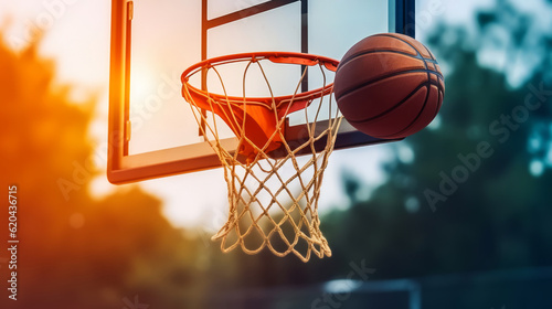 Basketball ball and basket on basketball court with sunset light background. Generative AI