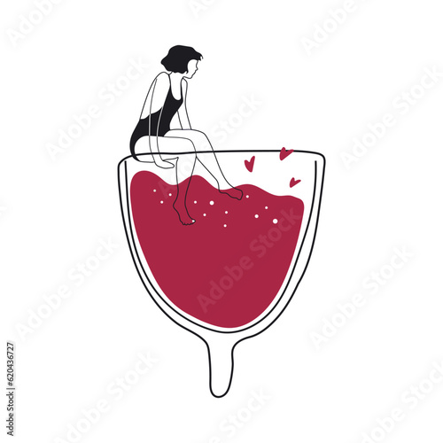 Trendy female characters swim in menstrual cup. Girl having menstrual period, menstruation, premenstrual syndrome, PMS, female reproductive system.