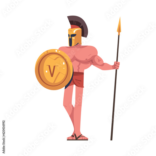 Man Spartan Soldier or Warrior in Helmet with Spear and Shield Vector Illustration