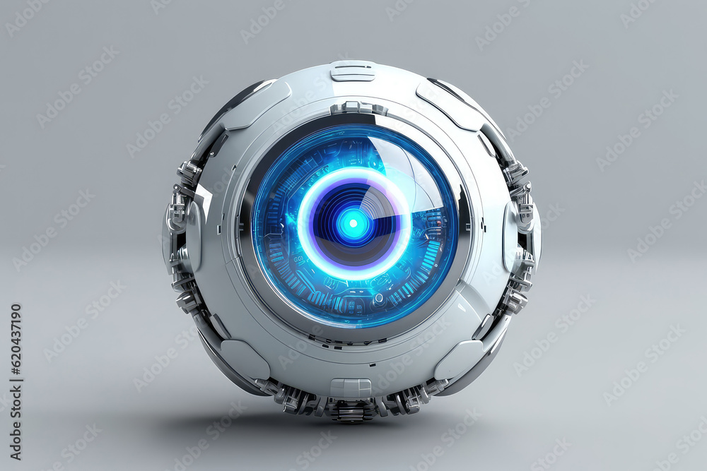 Robot or human eyeball closeup with blue pupil scanning an eye (ai